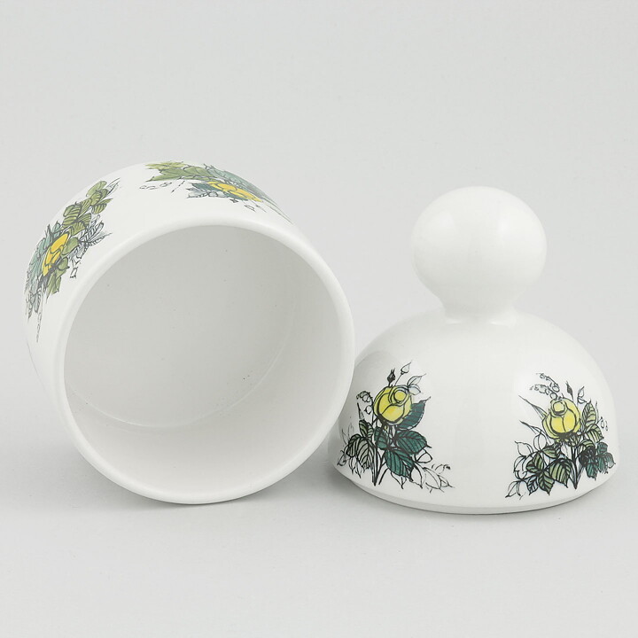 ヒルッカ・リーサ・アホラ  Ruusuシリーズ  丸い容器  黄色い花模様  14cm  1965年