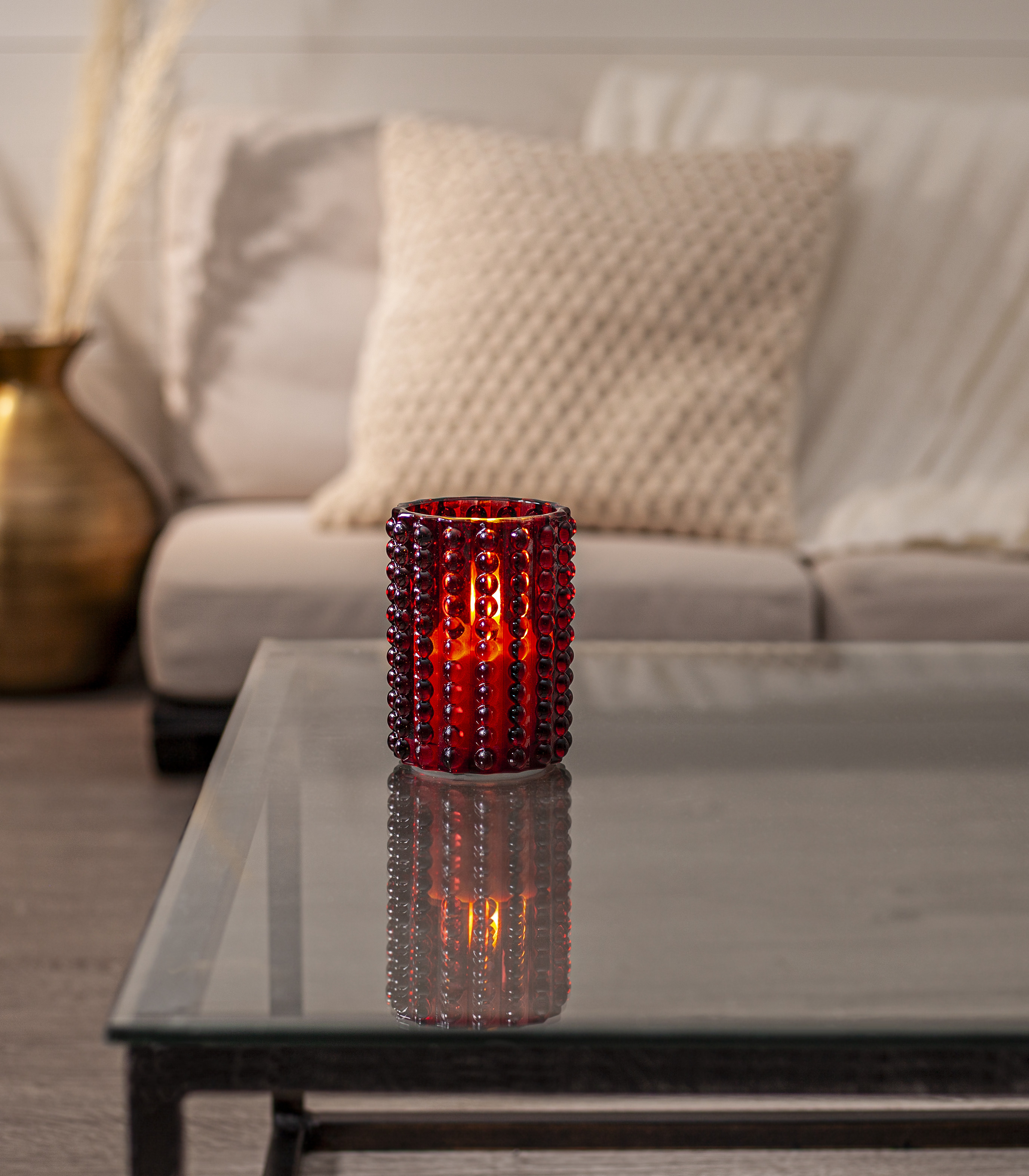Blockljus i glas Dotty 12,5 cm röd. Batteriljus med timer och LED - 5
