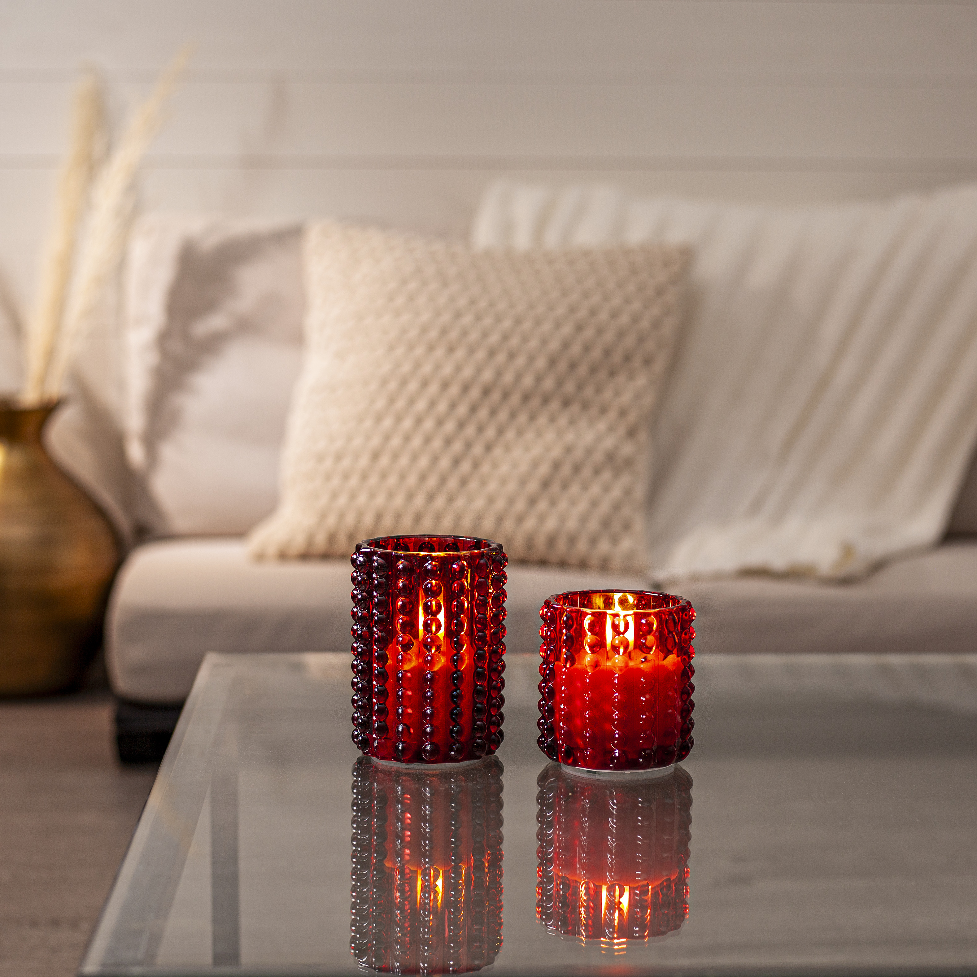 Blockljus i glas Dotty 12,5 cm röd. Batteriljus med timer och LED - 3