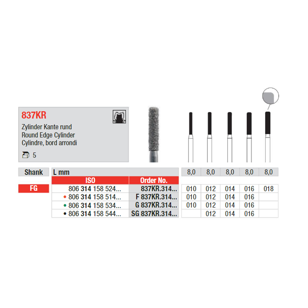 Cylinder Long Round Diamond FG 837KR, 5St.