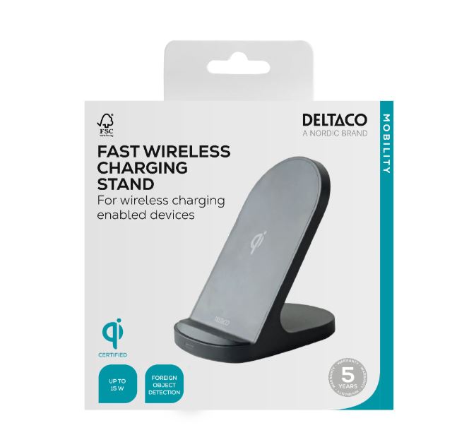 DeltacoTrådlös laddare med stativ, 15 W Snabbladdning, USB-C, Qi-certifierad, svart - 2