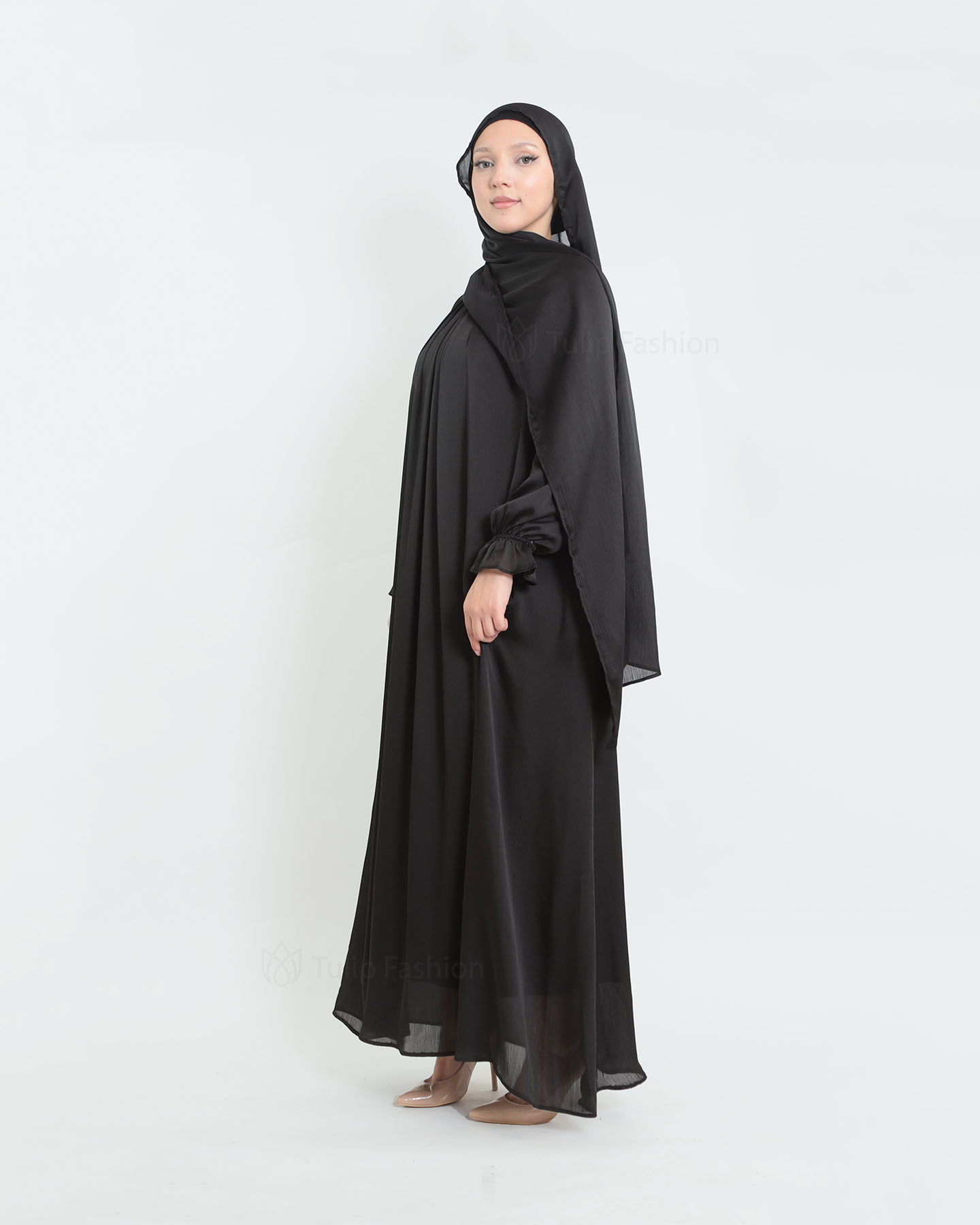 Satin Abaya & shawl set - Black - 2