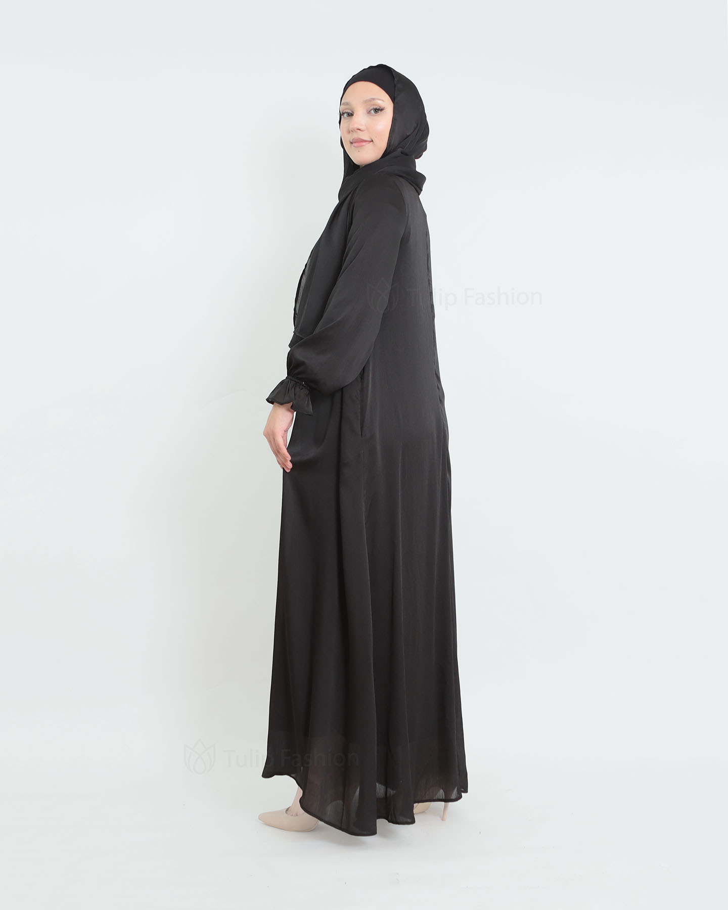 Satin Abaya & shawl set - Black - 6