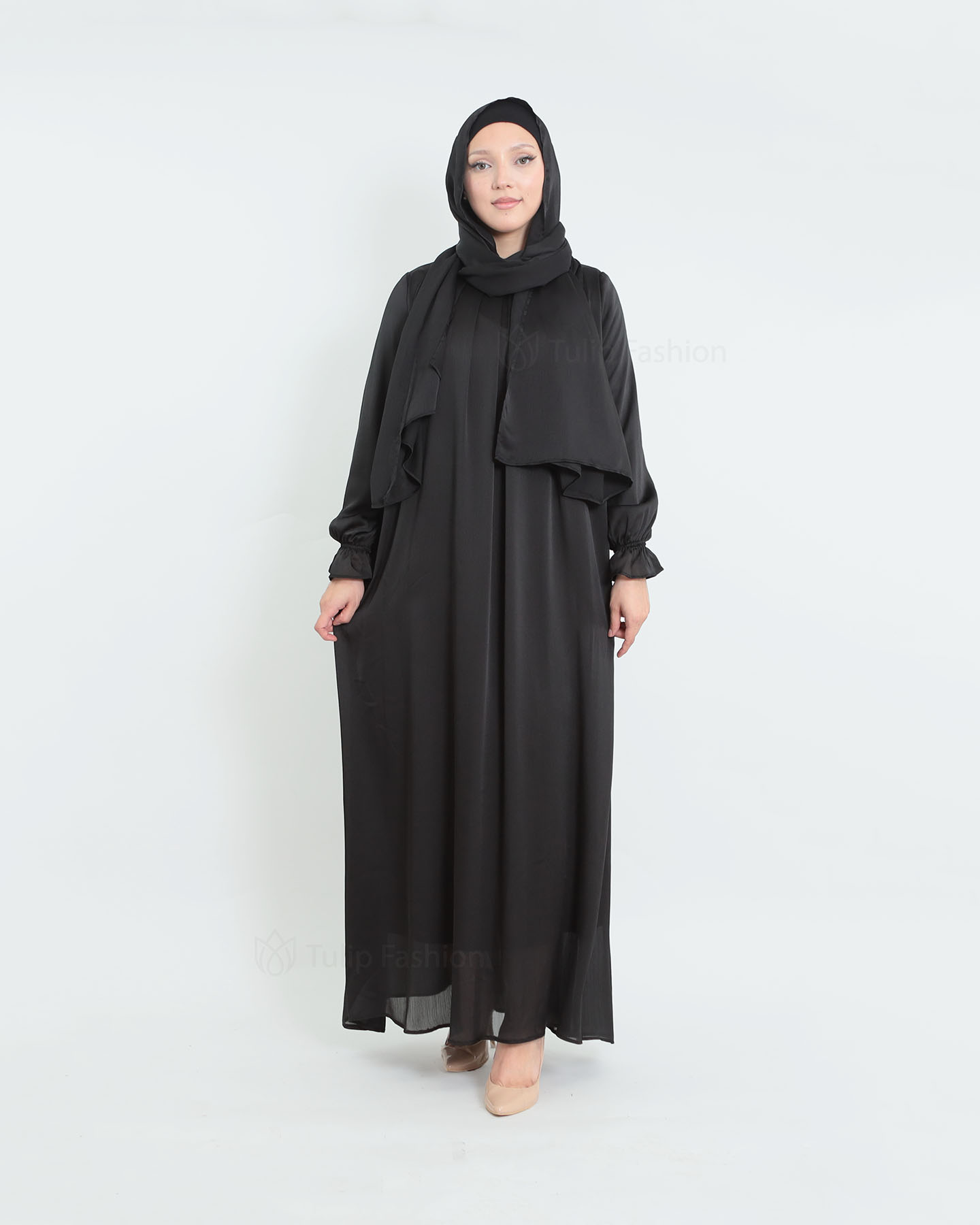 Satin Abaya & shawl set - Black - 4