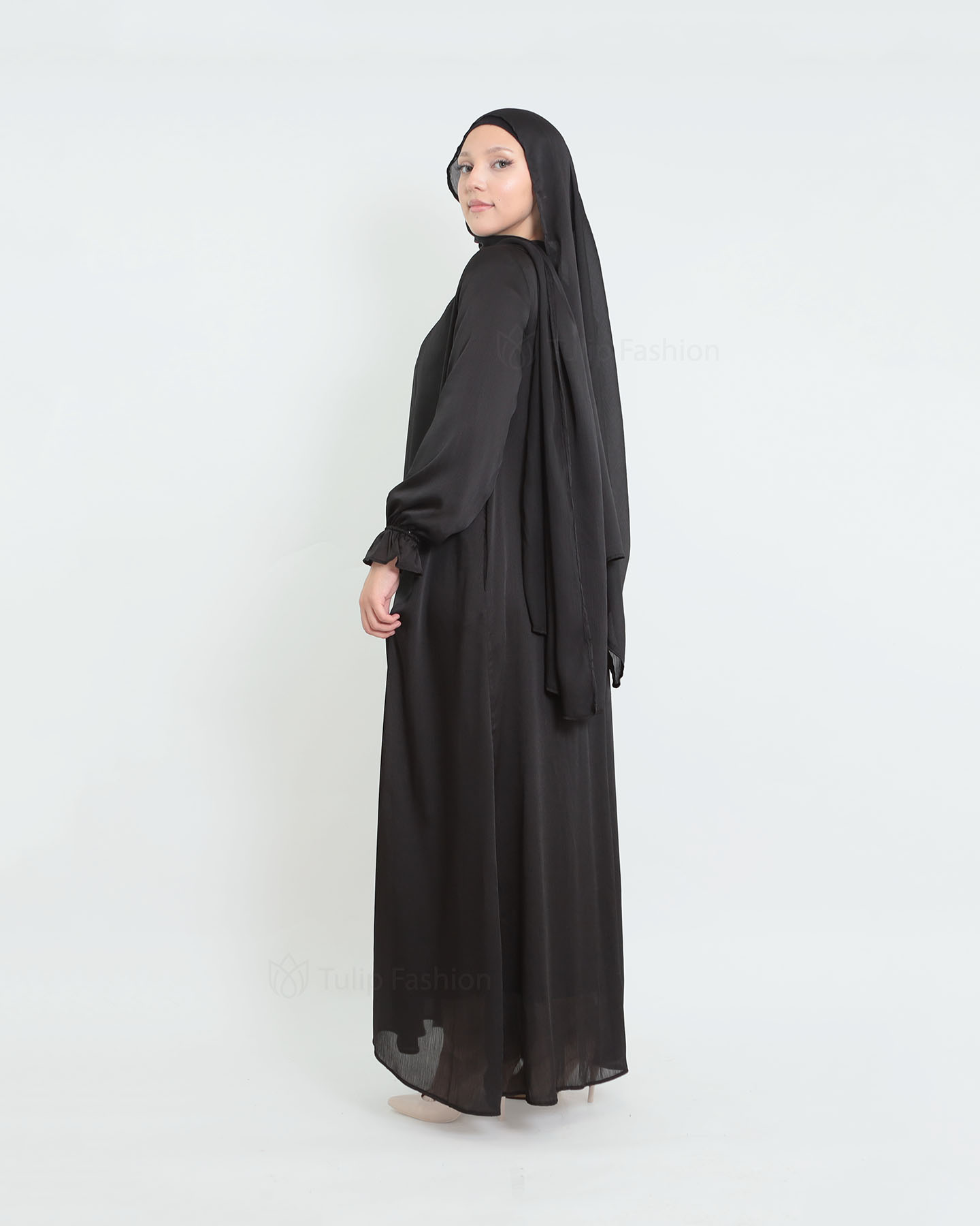 Satin Abaya & shawl set - Black - 3