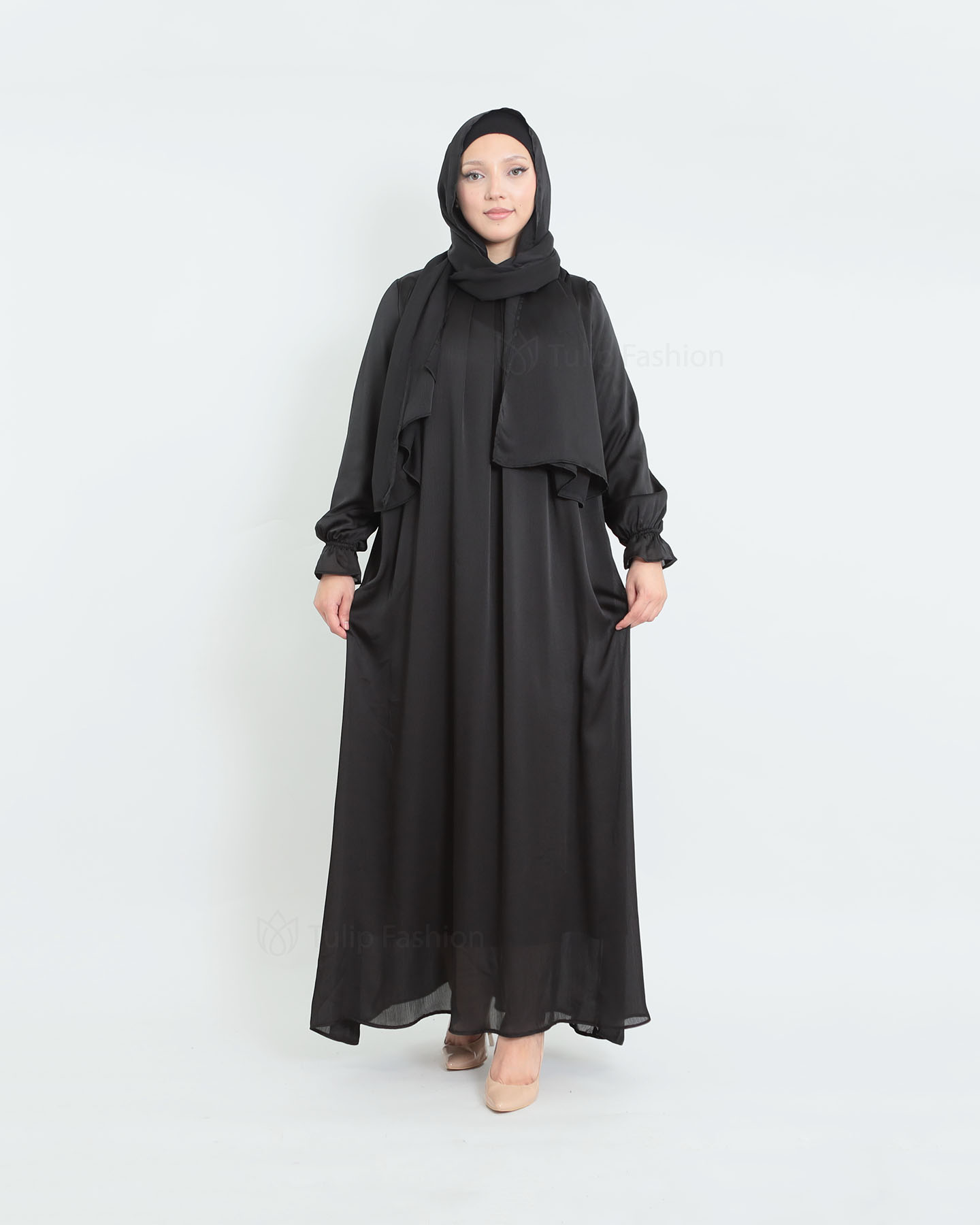 Satin Abaya & shawl set - Black - 5