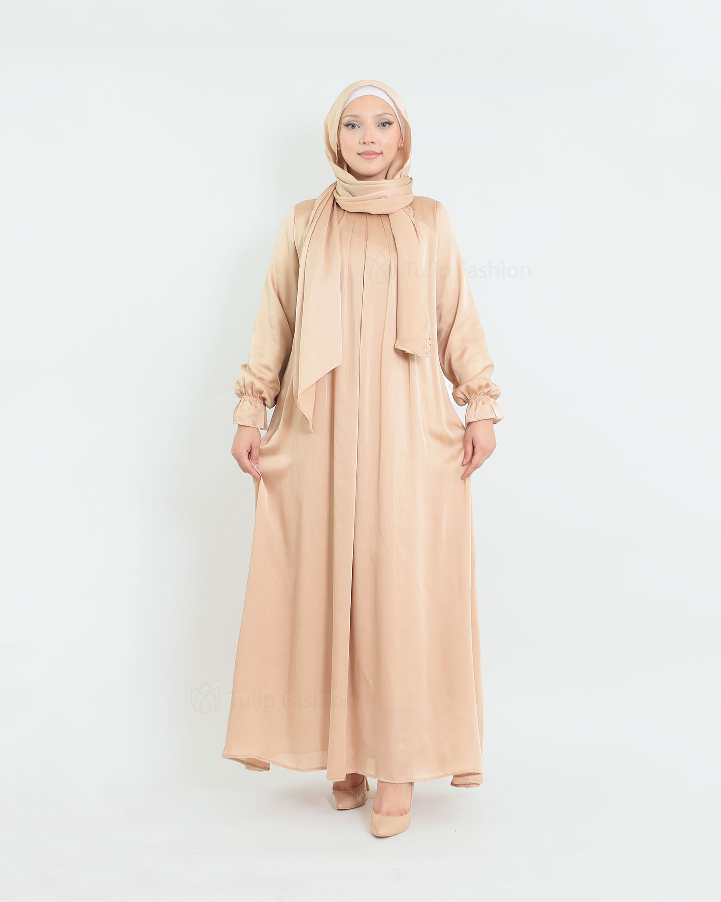 Satin Abaya & shawl set - Beige - 5