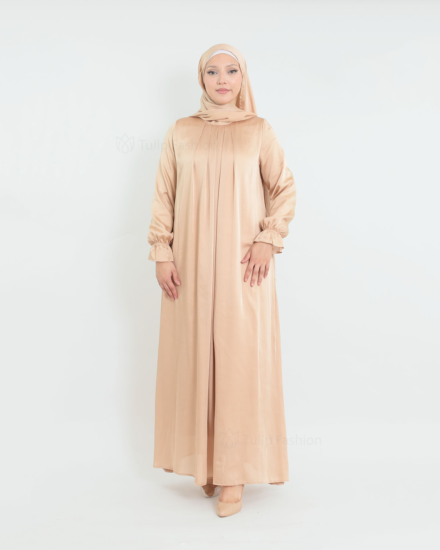 Satin Abaya & shawl set - Beige - 7