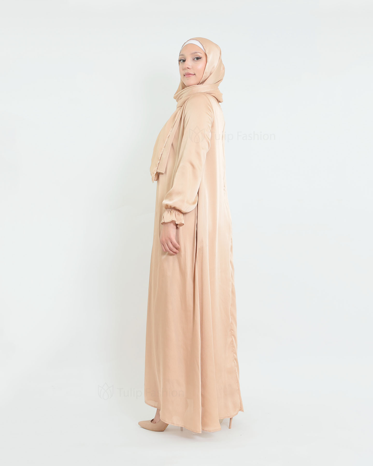 Satin Abaya & shawl set - Beige - 3