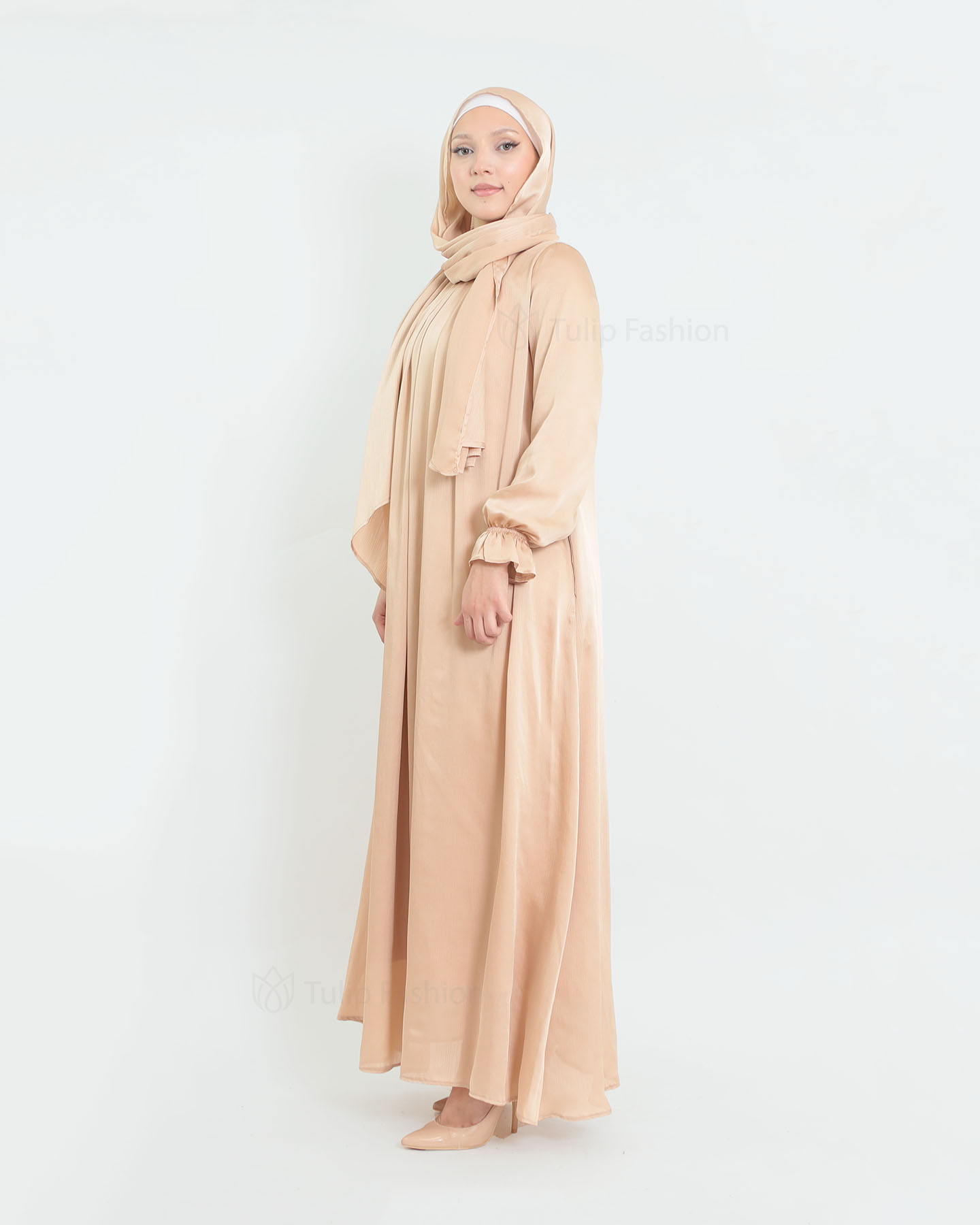Satin Abaya & shawl set - Beige - 6