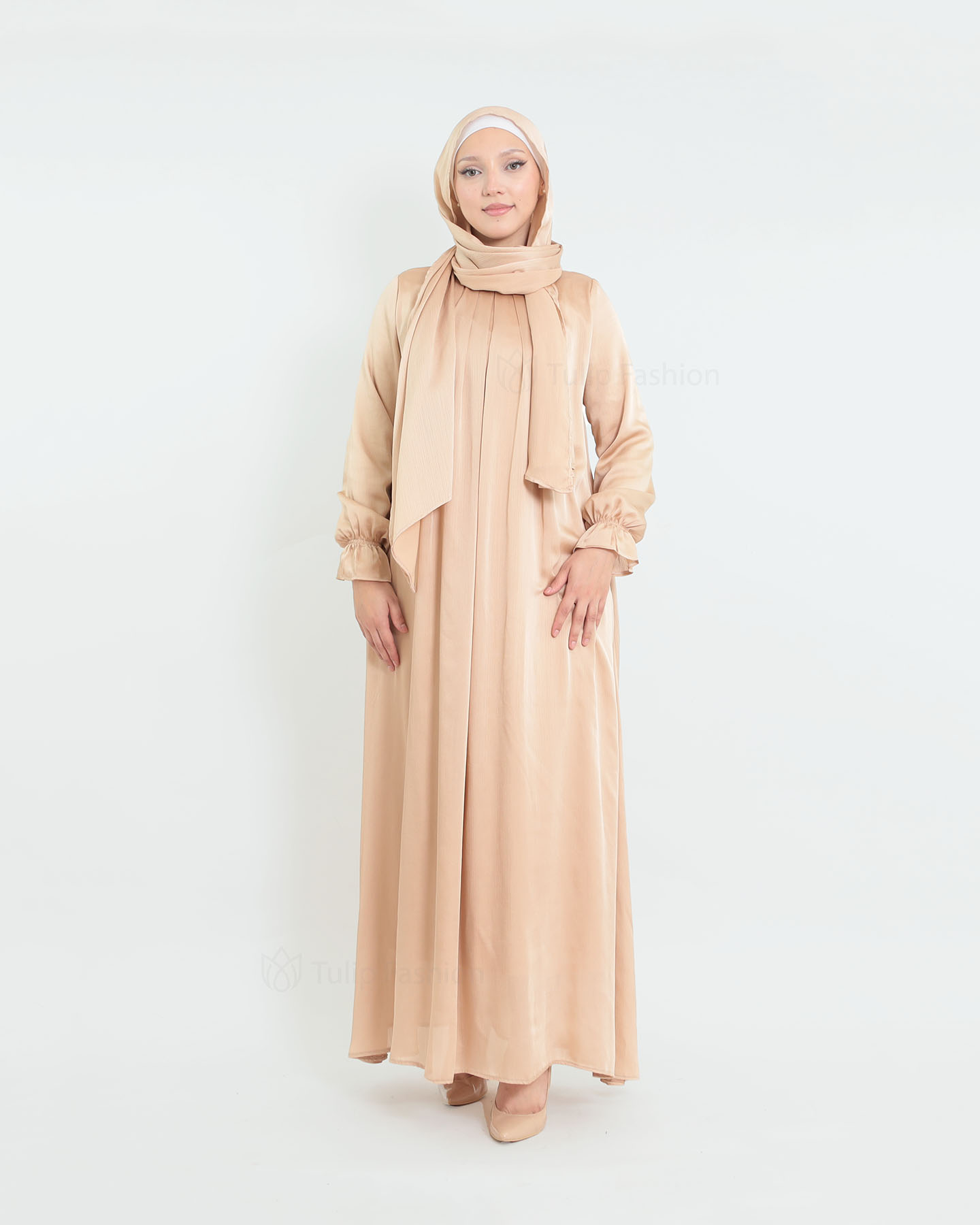 Satin Abaya & shawl set - Beige - 4