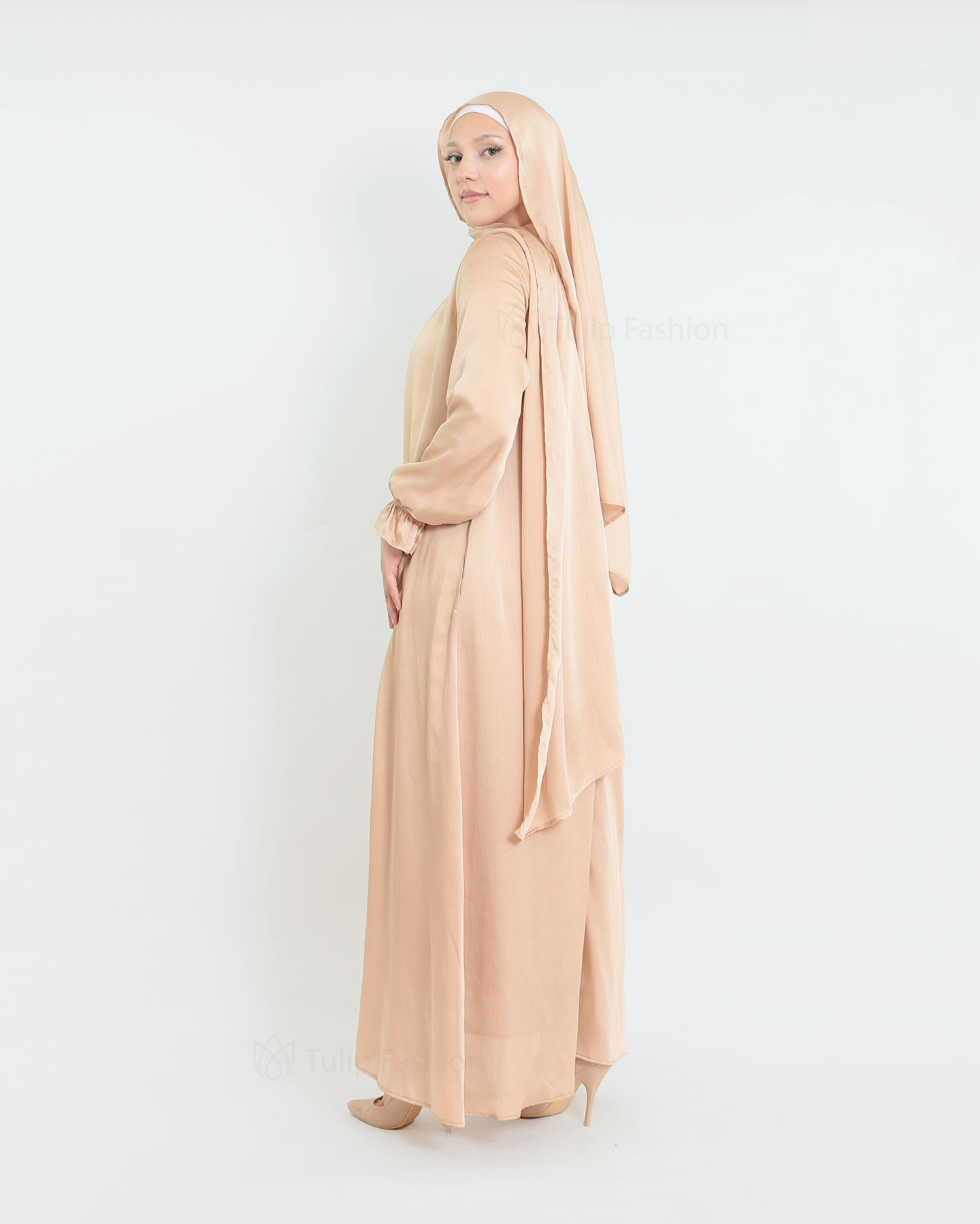 Satin Abaya & shawl set - Beige - 2