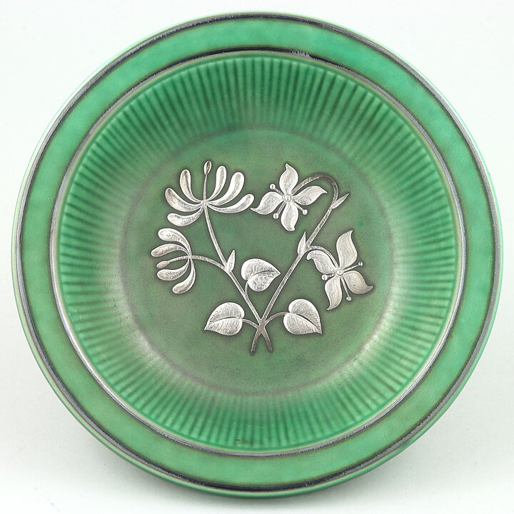Wilhelm Kåge (Argenta 1959) Green Bowl with Silver Flower Motif 16 cm