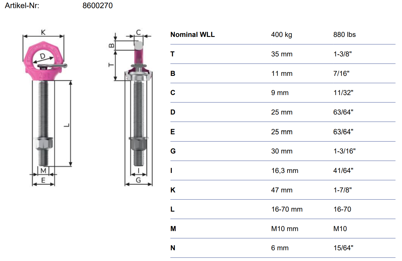 Lyftögla RUD VRS-F-M10 med längre tapplängd / Maxlast 1 ton ...