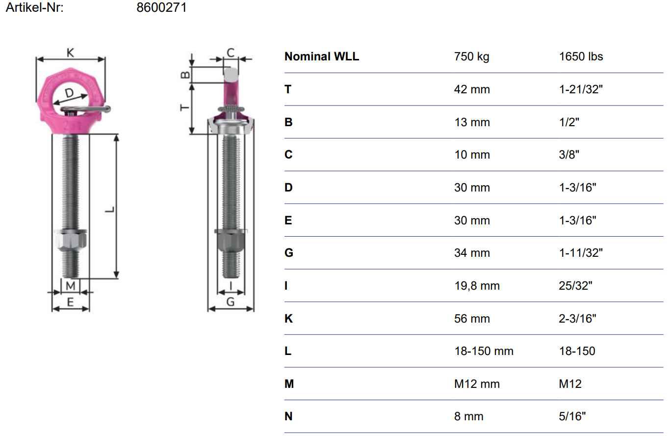 Lyftögla RUD VRS-F-M12  med längre tapplängd / Maxlast 2 ton - 2