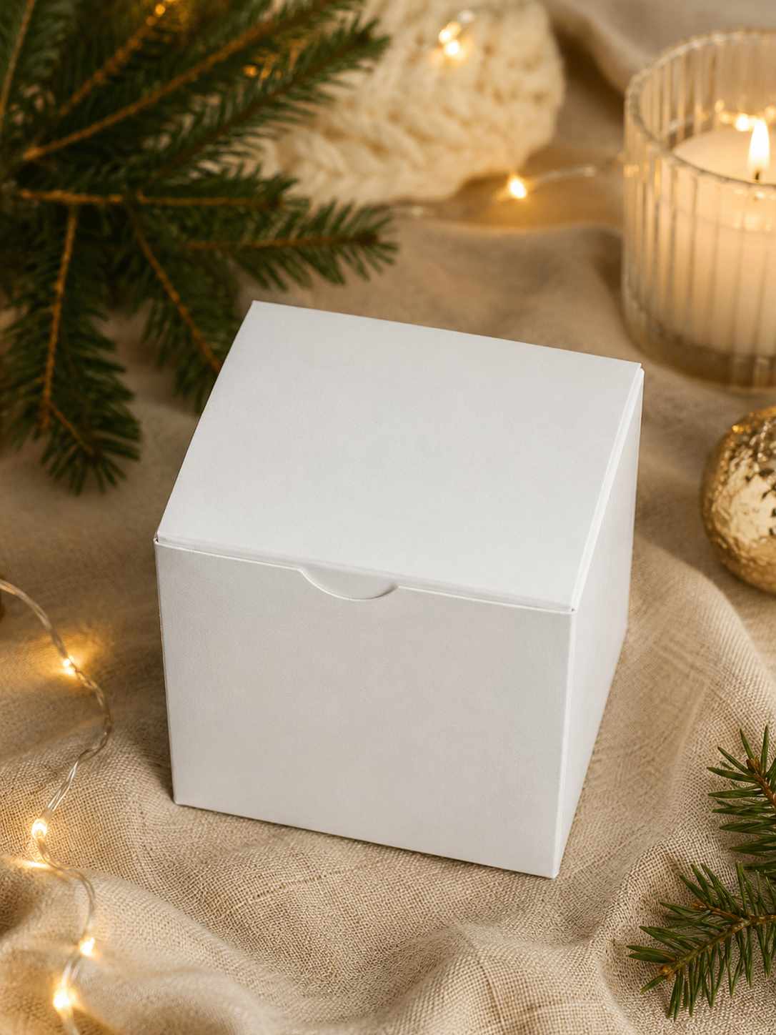 Vit presentbox för personlig julkula i glas – elegant presentförpackning.