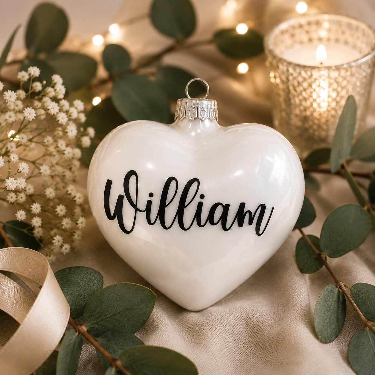 Julgranskula med namn Hjärta Vitt 