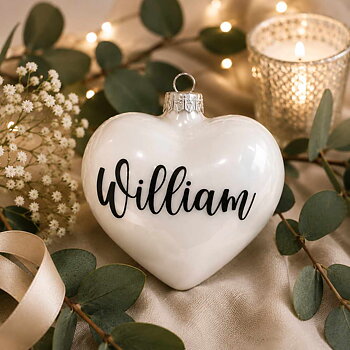 Julgranskula med namn Hjärta Vitt 