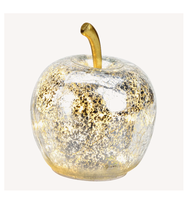 Äpple i glas silver / klar med LED- belysning och timer M 12 cm