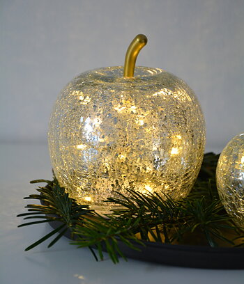 Äpple i glas silver / klar med LED- belysning och timer M 12 cm