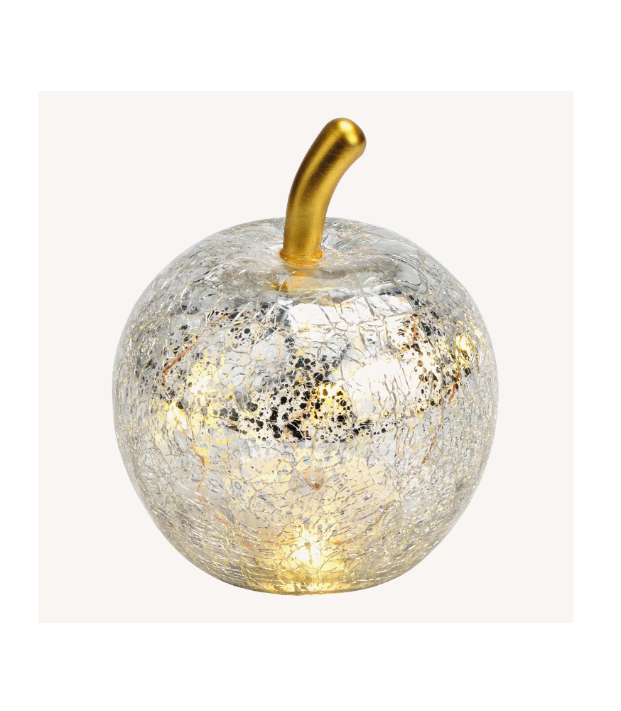 Äpple i glas silver / klar med LED- belysning och timer S. 9 cm