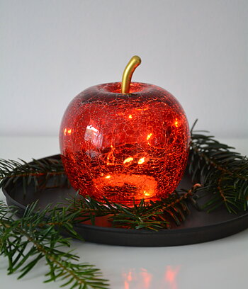 Äpple i glas röd med LED- belysning och timer M. Glasäpple 12 cm
