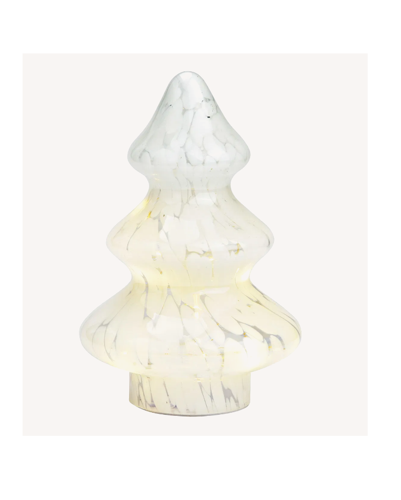 Gran i vitt glas  med LED- belysning och timer 