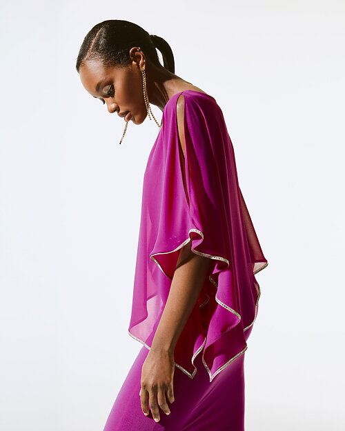 Klänning v-ringad strass/poncho mörk cerise - 3
