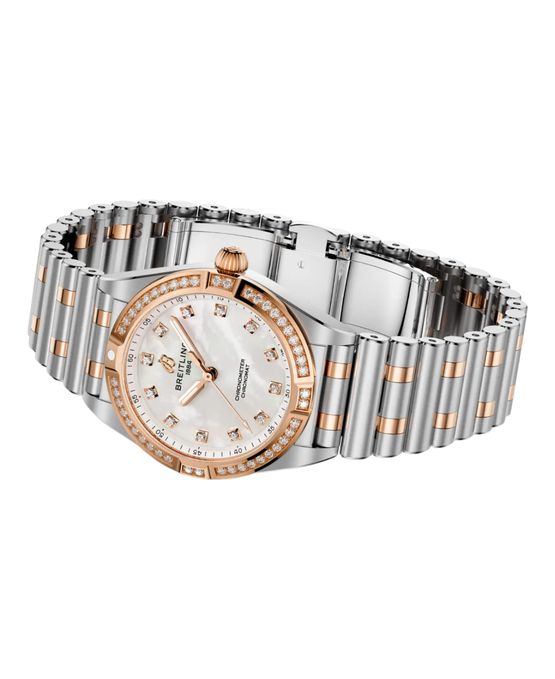 Breitling U72310531A1U1 Chronomat 28 stål och 18 K rött guld pärlemor diamant bezel sida