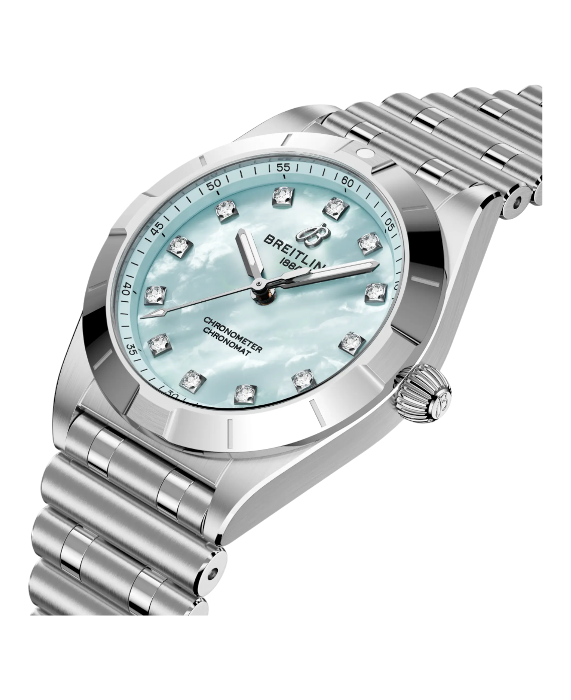 Breitling A72310101C1A1 Chronomat 28 ljusblå pärlemor diamant index sida