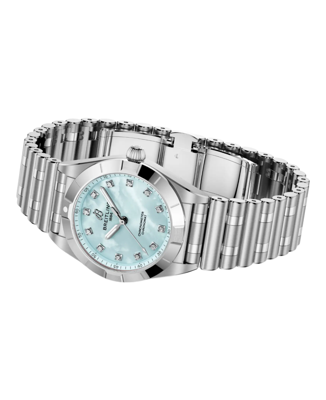 Breitling A72310101C1A1 Chronomat 28 ljusblå pärlemor diamant index sida 