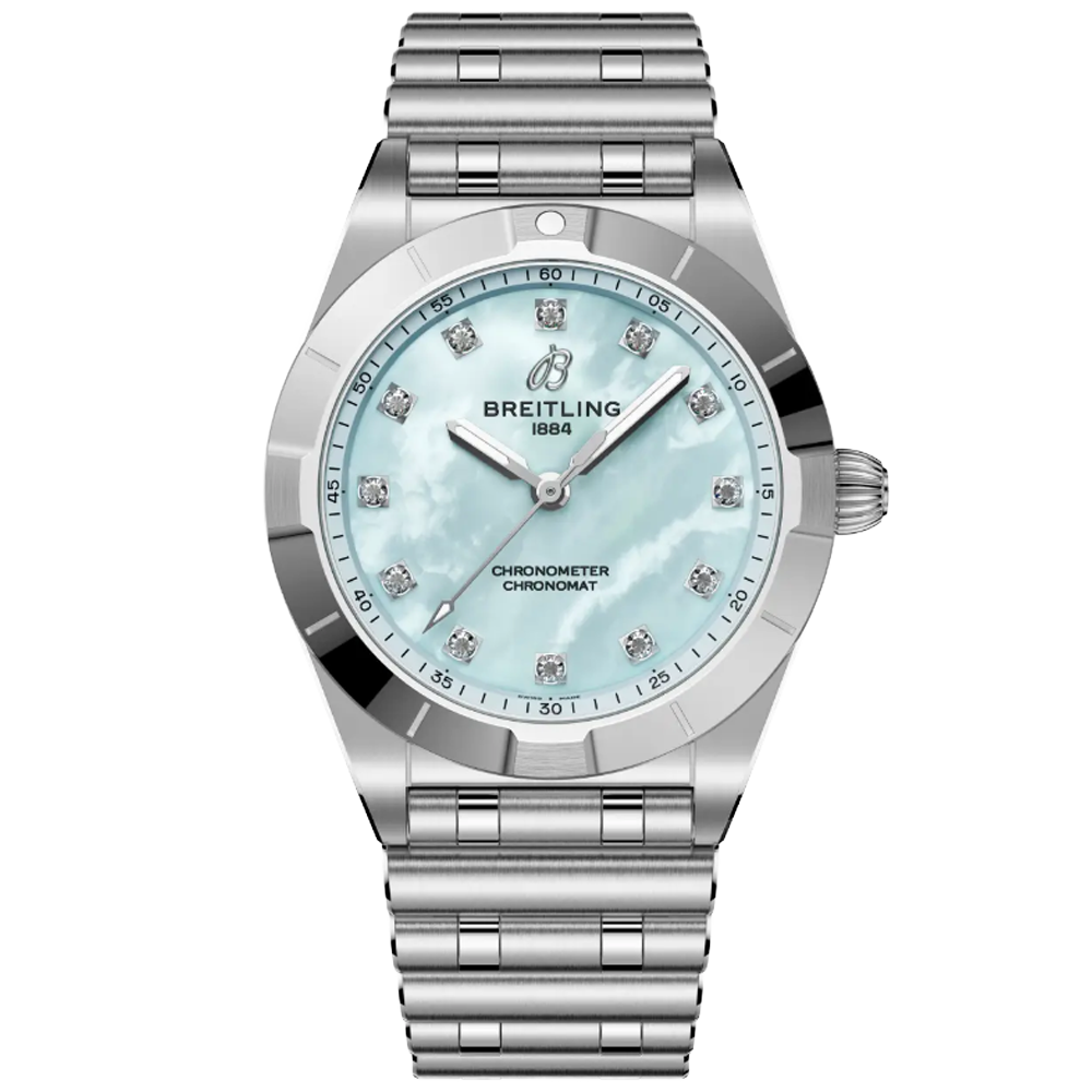 Breitling A72310101C1A1 Chronomat 28 ljusblå pärlemor diamant index