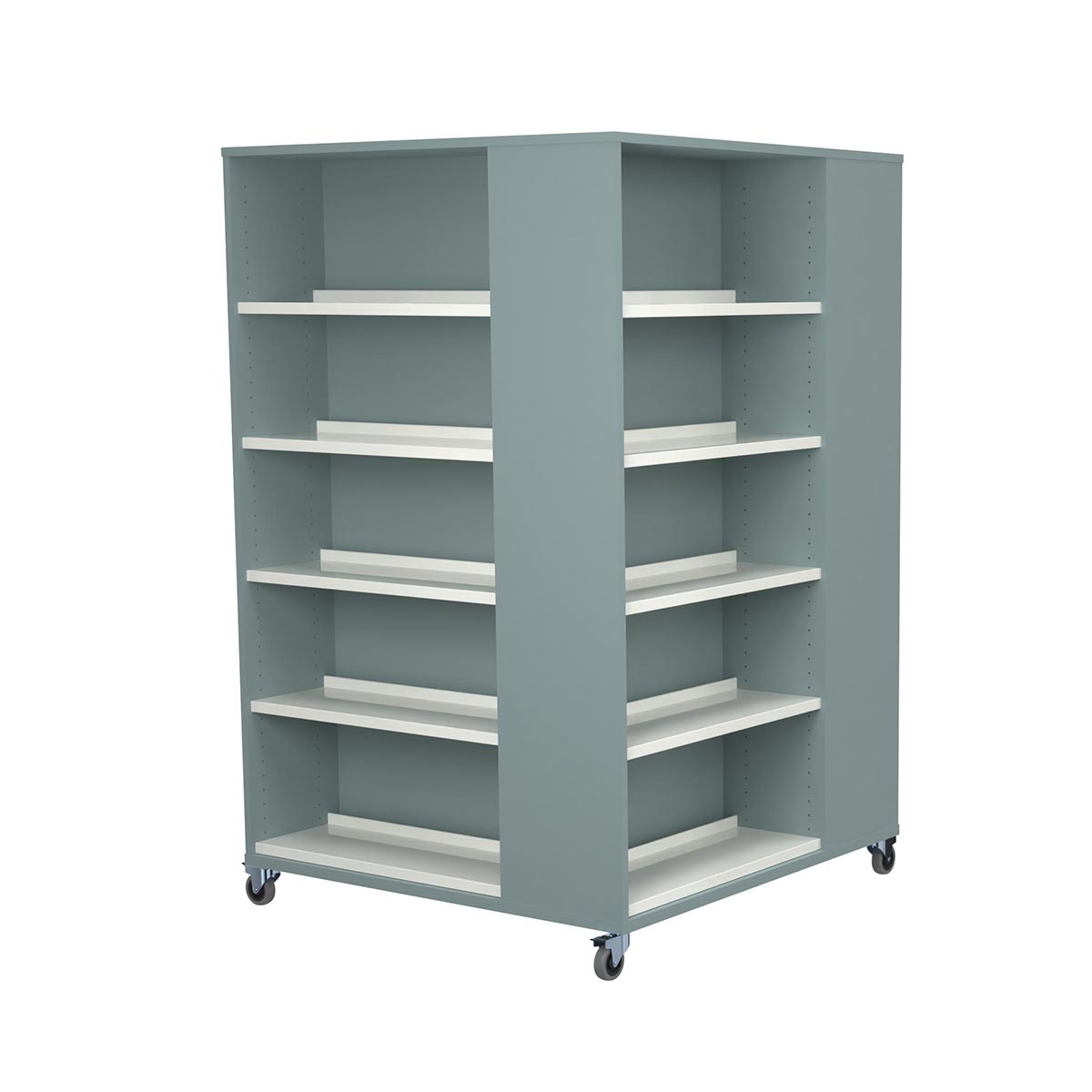The Cube Smaland Color 5 spaces 105 cm – mobile cube shelving with open, adjustable shelves on all four sides and wheels, color version for flexible 360° storage and display.