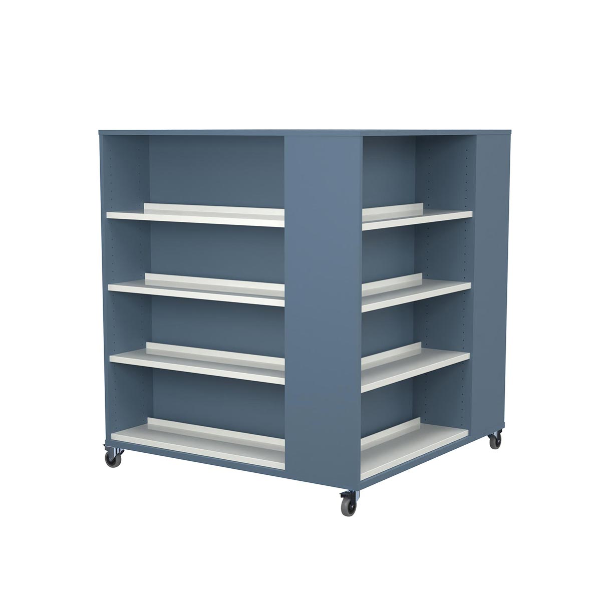 The Cube Rondus 4 spaces 120 cm cube-shaped shelving unit with open shelves on all four sides, adjustable shelves and castors for flexible display.