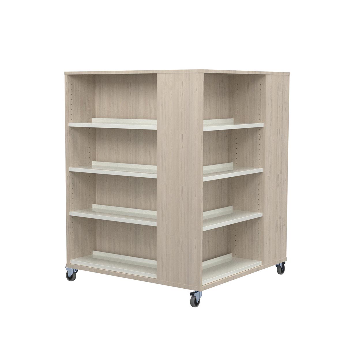 Kuben Rondus 4 rom 105 cm kubeformet reolenhed med åbne hylder på fire sider, justerbare hylder og hjul til fleksibel eksponering.