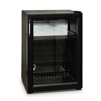 Minibar with 2 shelves and glass door, black coloured, 35 litres