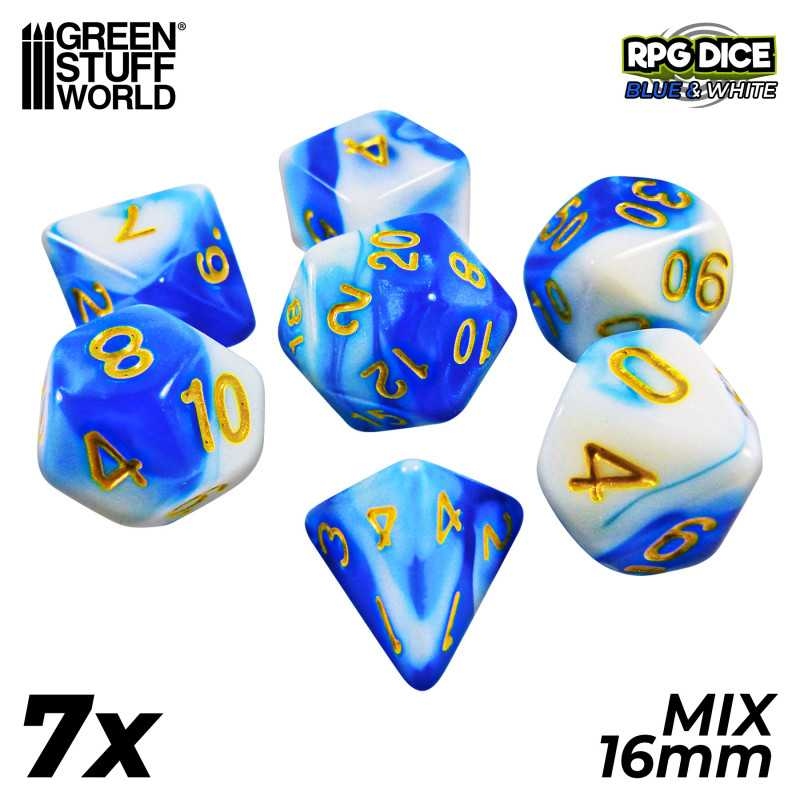 Green Stuff World: 7x Mix 16mm Dice - Blue White
