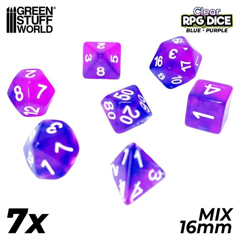 Green Stuff World: 7x Mix 16mm Dice - Clear Blue/Purple