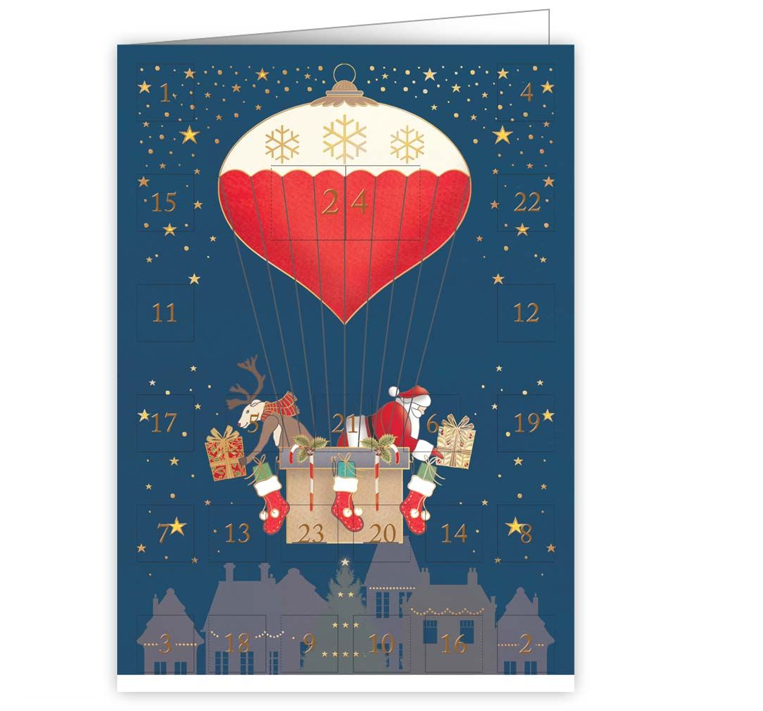 Adventskalenderkort - Santa and Reindeer in Hot Air Balloon
