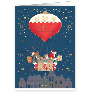 Adventskalenderkort - Santa and Reindeer in Hot Air Balloon
