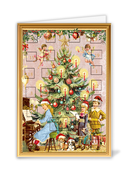 Adventskalenderkort - Children Making Music in Front of Christmas Tree