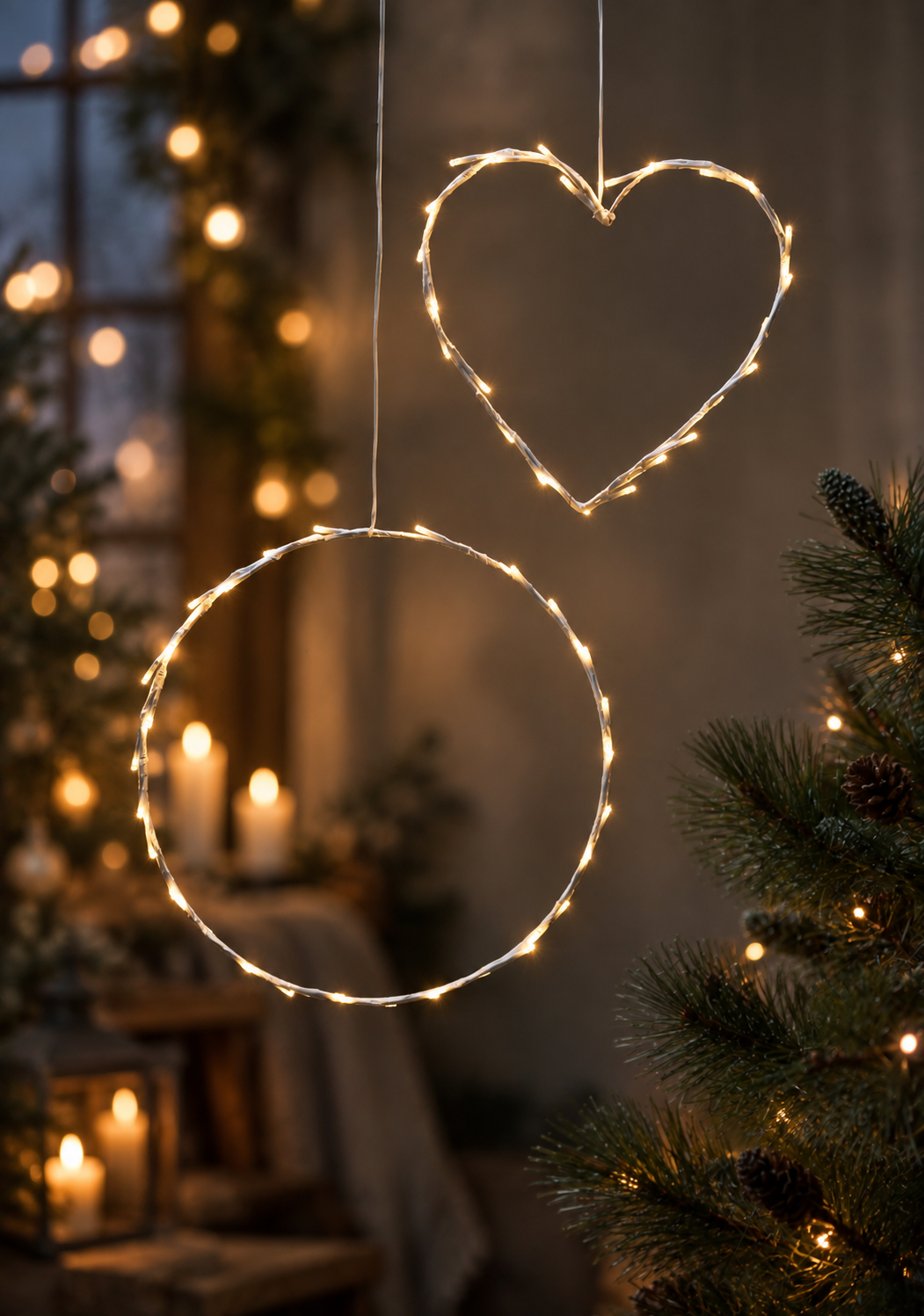 Wreath with light chain - White - 35x35 cm - Battery operated - 3