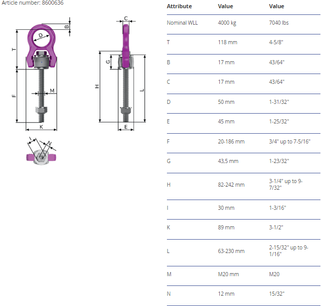 Roterbar Lyftögla ACP-TURNADO 4t M20 with variable length / Maxlast: 4 ton - 2