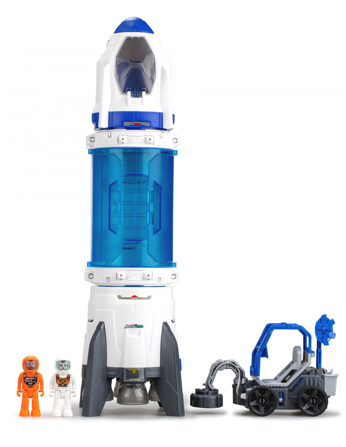 Vit och blå rymdraket med metalldetektor och astronauter