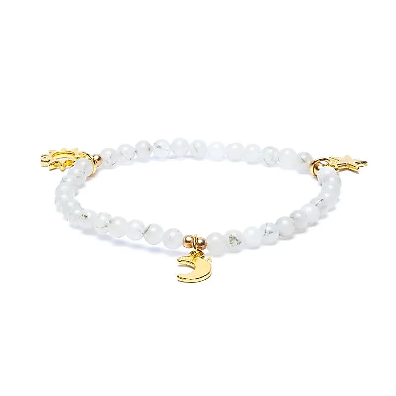 Armband månsten resår med berlocker med stjärna/måne/sol 4mm