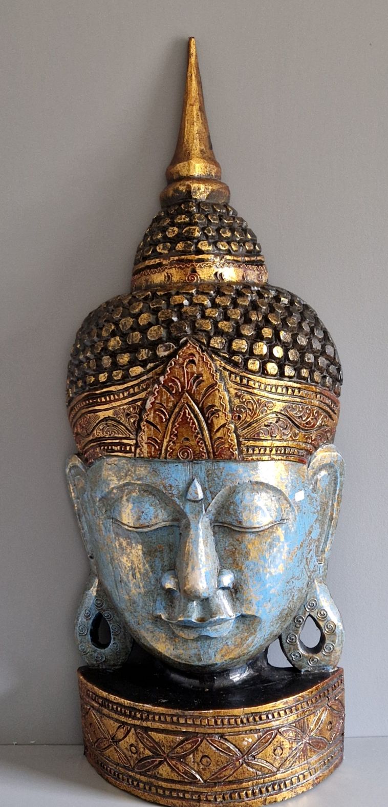 Buddha  Huvud , Antik Blå med Guld / Svart / Röd