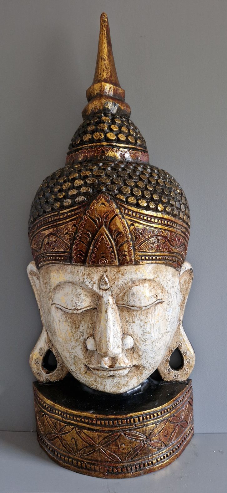 Buddha  Huvud , Antik Vit med Guld / Svart / Röd