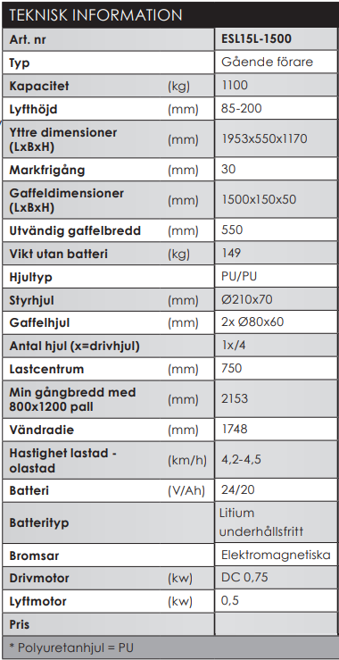 Elektrisk pallyftare Silverstone / Maxlast: Maxlast: 1100 kg - 2