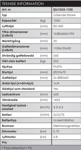 Elektrisk pallyftare Silverstone / Maxlast: 1500 kg - 2
