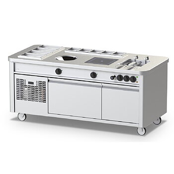 Mobile cooking station with induction wok, induction hob, pasta cooker, refrigerated undercounter